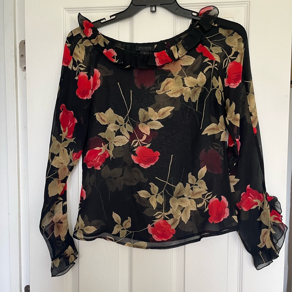 100% SILK  The Limited Black Sheer Blouse with Red and Tan Floral Design